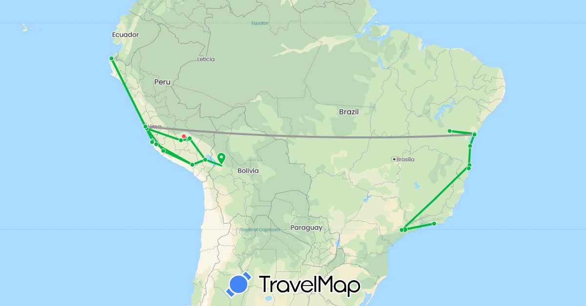 TravelMap itinerary: driving, bus, plane, hiking in Bolivia, Brazil, Peru (South America)